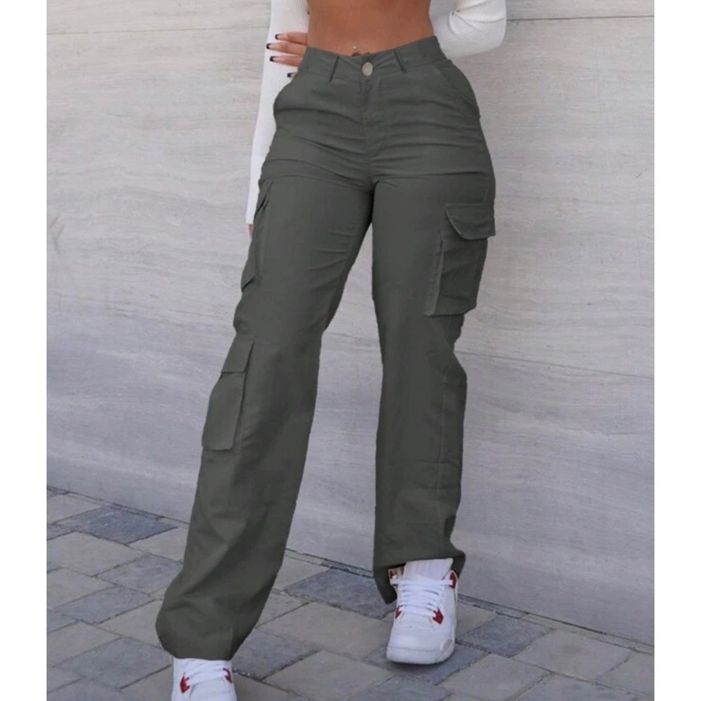 SHEIN Charcoal Grey Wide Leg Cargo‎ Pants Elastic Waist Utility Trousers Size L